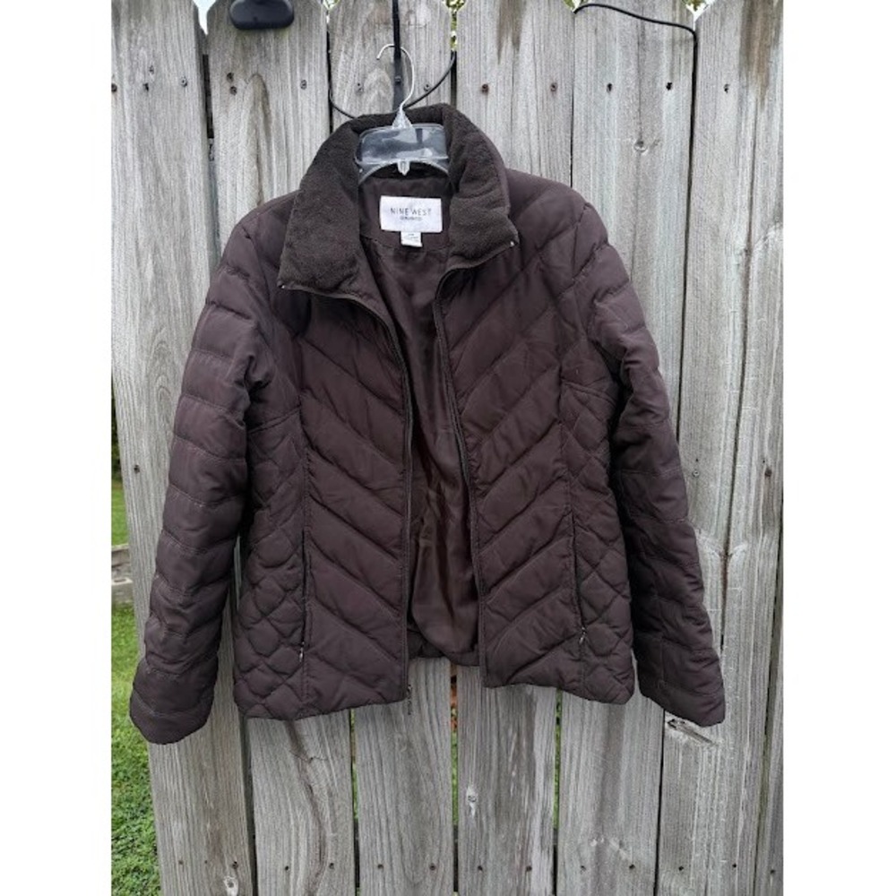 Puffer Quilted Winter Nine West Jacket M Brown Chevron Outerwear